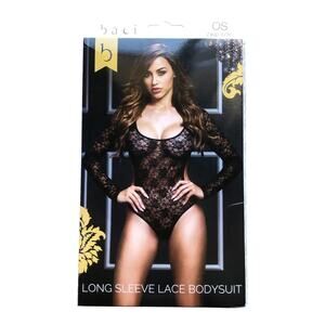 Baci Long Sleeve Lace Bodysuit White Label Black Floral 1pc Women's One Size New